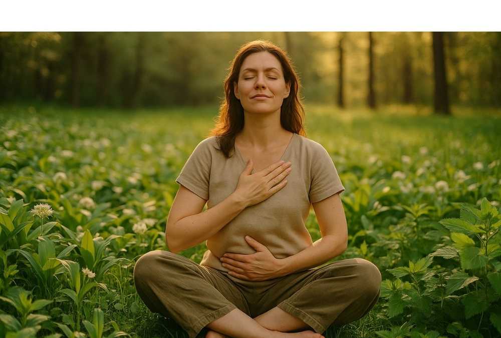 Frau sitzt achtsam in der Natur, Hände auf Herz und Bauch – Symbolbild für Nervensystem beruhigen
