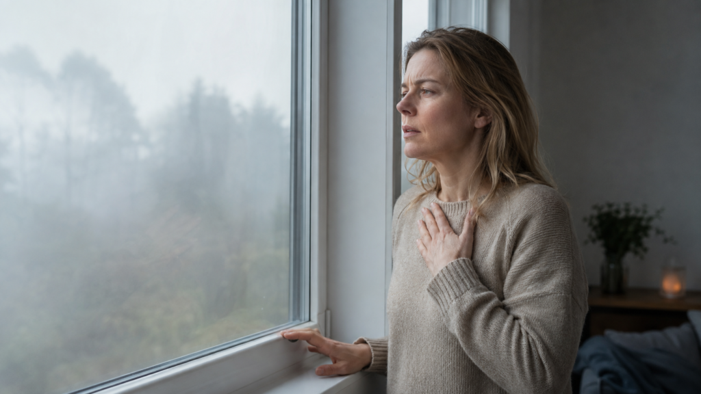 Unerklärliche Symptome bei einer erschöpften Frau am Fenster