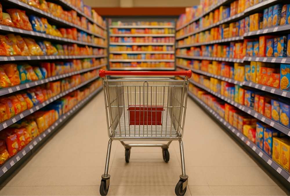 Blick in gefüllte Supermarkt-Regale mit Einkaufswagen - Symbol für verarbeitete Lebensmittel und Mikronaehrstoffmangel