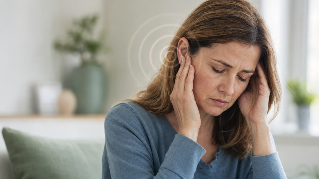 Frau hält sich das Ohr – Tinnitus verstärkt sich bei Stress
