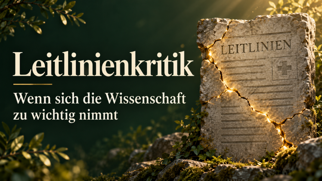 Gerissene Steintafel mit der Aufschrift „Leitlinien“ neben dem Text „Leitlinienkritik: Wenn sich die Wissenschaft zu wichtig nimmt.
