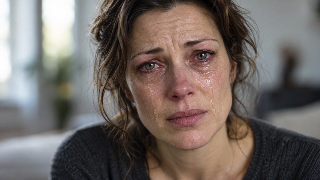 Frau mit tränennassem Gesicht blickt verzweifelt in die Kamera, Symbolbild für Medical Gaslighting